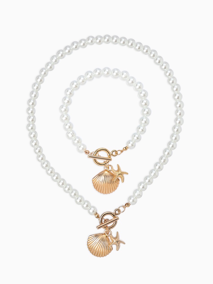 Набор 2 предмета: бусы. браслет «Жемчуг. Ракушка вонголе», L=18/42 см, №8, белый в золоте - Фото 1