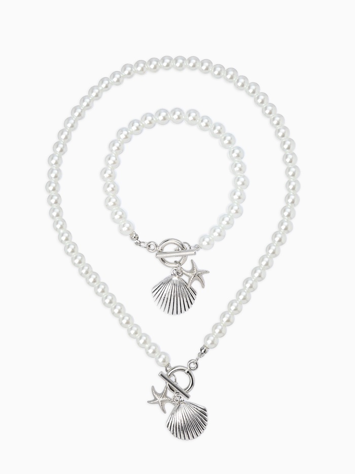 Набор 2 предмета: бусы. браслет «Жемчуг. Ракушка вонголе», L=18/42 см, №8, белый в серебре - Фото 1