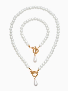 Набор 2 предмета: бусы. браслет «Жемчуг. Капелька», L=18/42 см, №8, белый в золоте