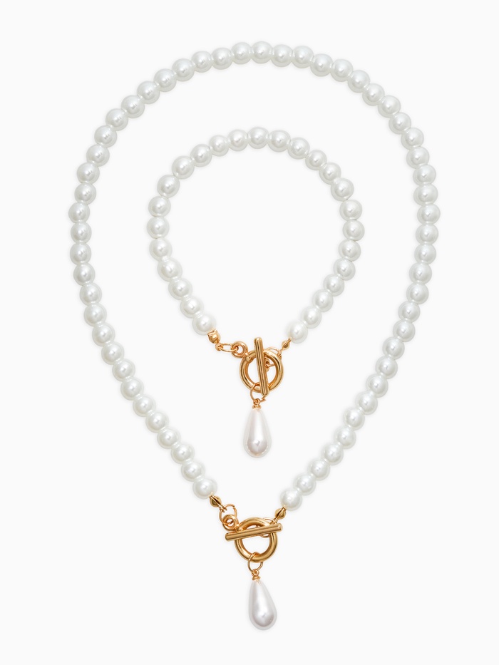 Набор 2 предмета: бусы. браслет «Жемчуг. Капелька», L=18/42 см, №8, белый в золоте - Фото 1