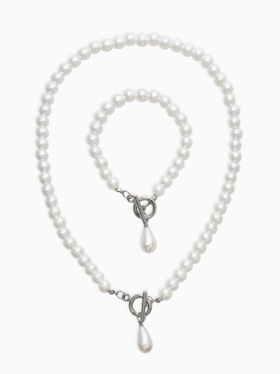 Набор 2 предмета: бусы. браслет «Жемчуг. Капелька», L=18/42 см, №8, белый в серебре