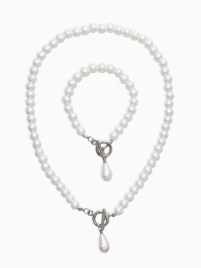 Набор 2 предмета: бусы. браслет «Жемчуг. Капелька», L=18/42 см, №8, белый в серебре - Фото 1