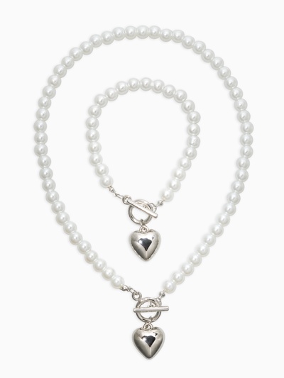 Набор 2 предмета: бусы. браслет «Жемчуг. Сердце», L=18/42 см, №8, белый в серебре