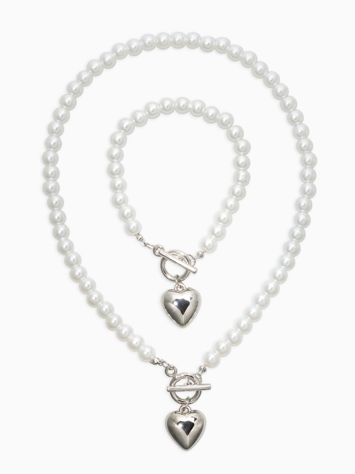 Набор 2 предмета: бусы. браслет «Жемчуг. Сердце», L=18/42 см, №8, белый в серебре