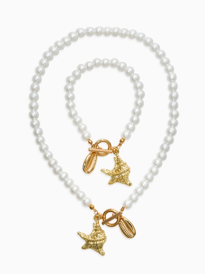 Набор 2 предмета: бусы. браслет «Жемчуг. Ракушка», L=18/42 см, №8, белый в золоте - Фото 1