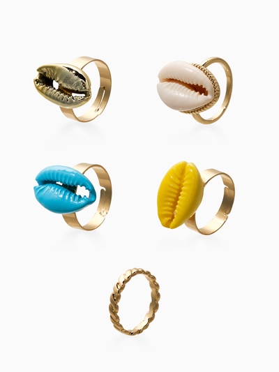 Набор колец 5 шт "Новый стиль" ракушки, размер МИКС, цветные в золоте