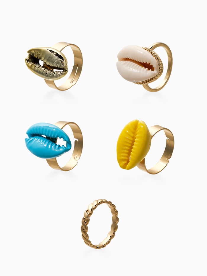 Набор колец 5 шт "Новый стиль" ракушки, размер МИКС, цветные в золоте - Фото 1