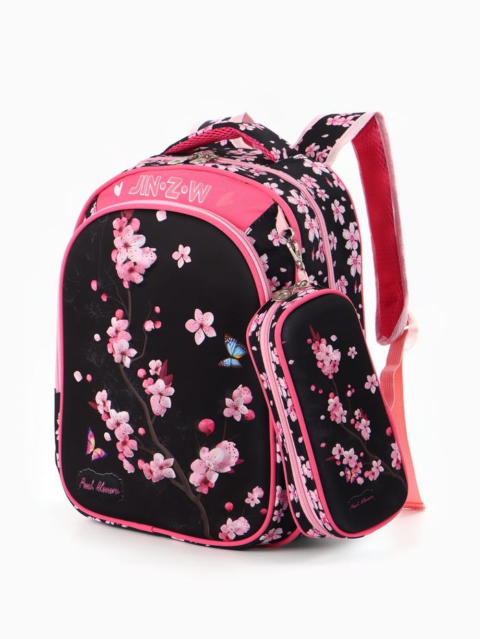Рюкзак школьный для девочки, с эргономичной спинкой, с пеналом, 30×12×36 см, чёрный, розовый - Фото 1