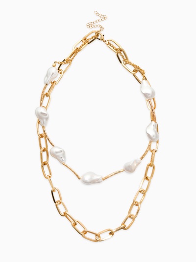 Колье на цепочке «Жемчуг Барокко», 2 яруса, белое в золоте