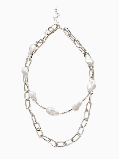 Колье на цепочке «Жемчуг Барокко», 2 яруса, белое в серебре