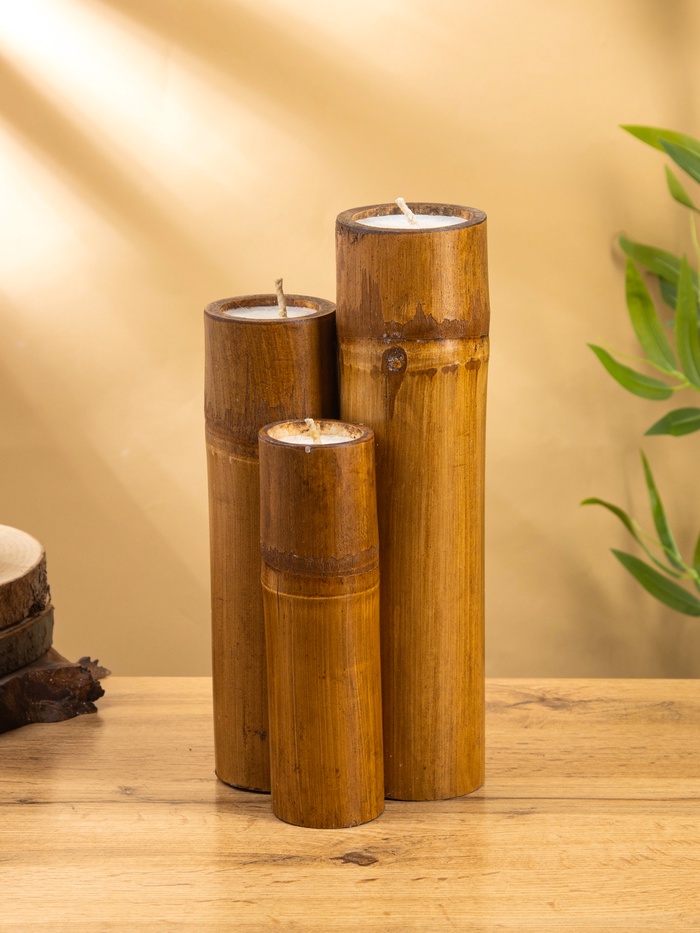 УЦЕНКА Свеча в бамбуке тройная, 14×15×30 см, 100 мл, цв. бежевый - Фото 1