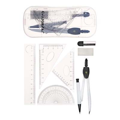 УЦЕНКА Циркуль металл 120 мм в пластик пенале +авт.карандаш+грифели+ластик+линейка+2угольн+транспорт