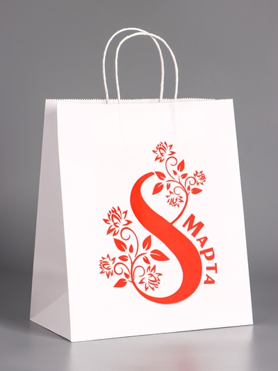 Пакет бумажный подарочный, «С 8 марта Цветочек», белый, 24×14×28 см