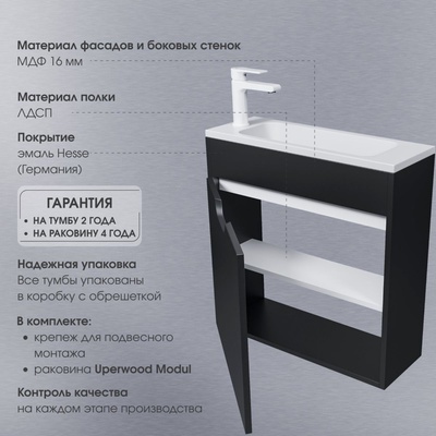 Тумба подвесная Uperwood, с раковиной Uperwood Modul 60, цвет чёрный матовый