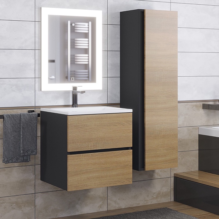 Тумба подвесная Uperwood, с раковиной Uperwood Barsa 50, цвет чёрный/дуб сонома