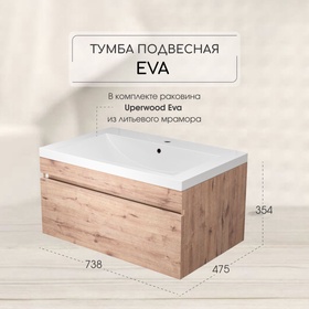 Тумба подвесная Uperwood, с раковиной Uperwood Eva 75, выдвижной ящик, цвет крафт табачный