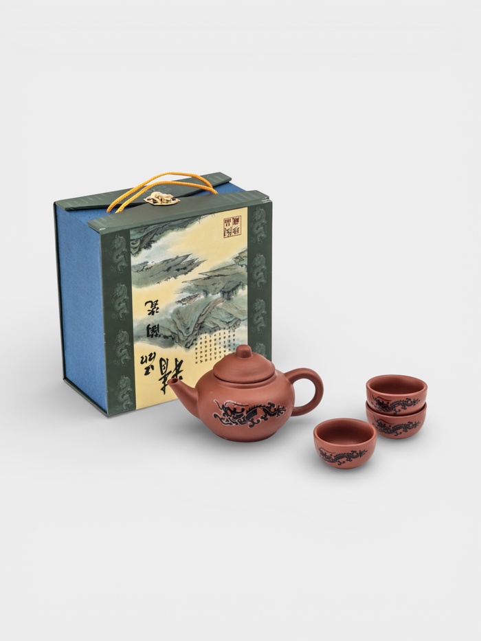 УЦЕНКА Набор для чайной церемонии «Дракон», 4 предмета: 3 пиалы 25 мл, чайник 200 мл, керамика, коричневый - Фото 1