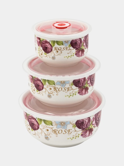 УЦЕНКА Набор салатников с вакуумными крышками 3 шт "Розалинда" (250, 550, 850 мл) d 15,5/12,/10/ см