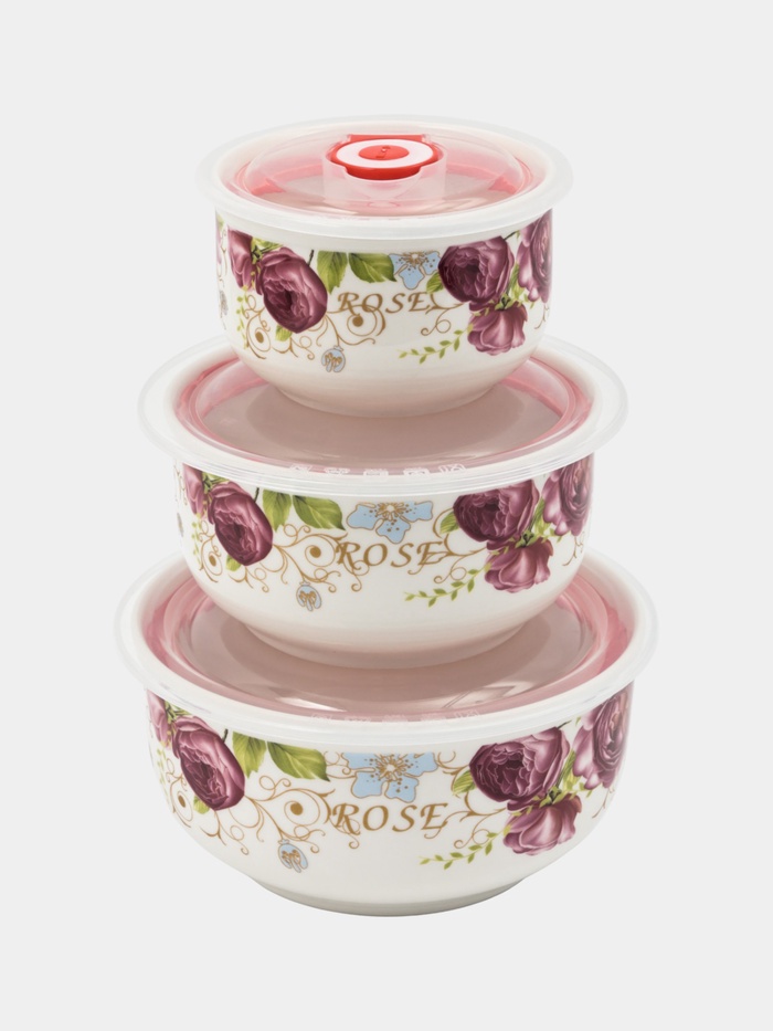 УЦЕНКА Набор салатников с вакуумными крышками 3 шт "Розалинда" (250, 550, 850 мл) d 15,5/12,/10/ см - Фото 1