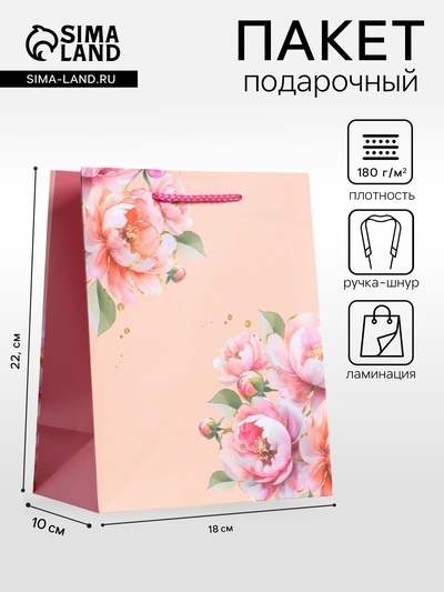 Пакет подарочный ламинированный «Цветы», нежно - розовый, 18×22.3×10 см