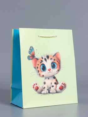 Пакет подарочный ламинированный «Маленький котенок», мятный - голубой, 18×22.3×10 см