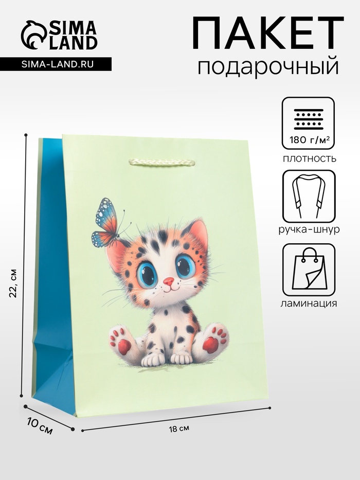 Пакет подарочный ламинированный «Маленький котенок», мятный - голубой, 18×22.3×10 см - Фото 1