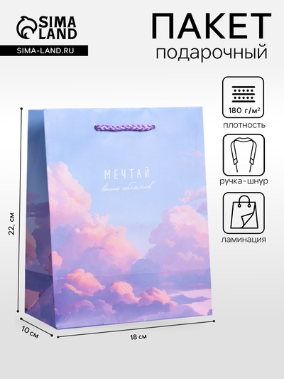 Пакет подарочный ламинированный «Мечтай выше облаков», голубой с сиреневым, 18×22.3×10 см