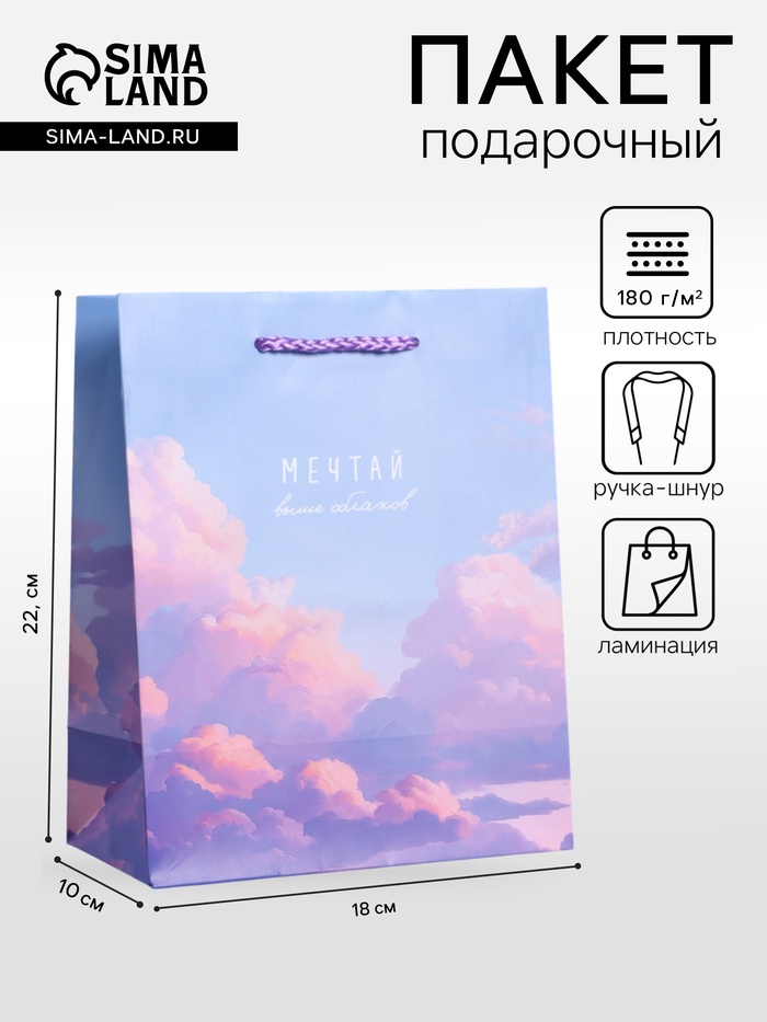 Пакет подарочный ламинированный «Мечтай выше облаков», голубой с сиреневым, 18×22.3×10 см - Фото 1