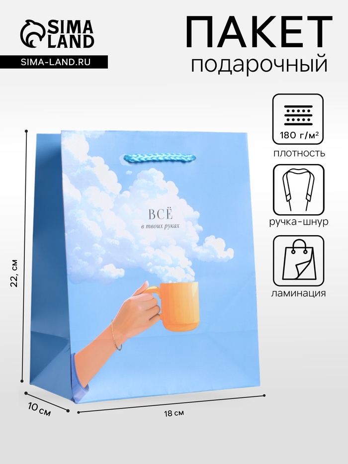 Пакет подарочный ламинированный «Всё в твоих руках», голубой, 18×22.3×10 см - Фото 1