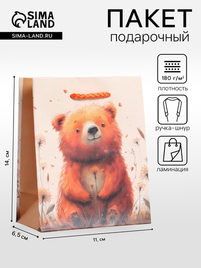 Пакет подарочный ламинированный «Мишка в поле», оранжевый, 11.5×14.5×6.5 см
