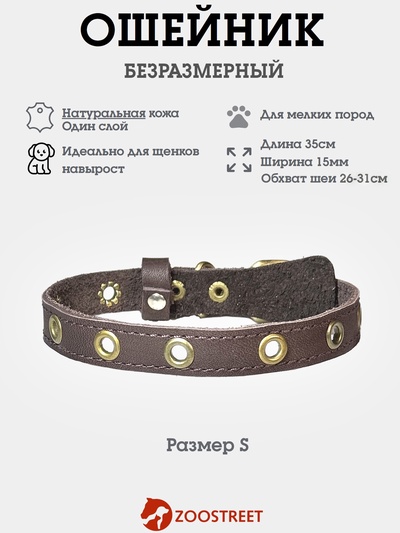 Ошейник безразмерный, 35×1.5 см, с подпряжником, кожа, коричневый