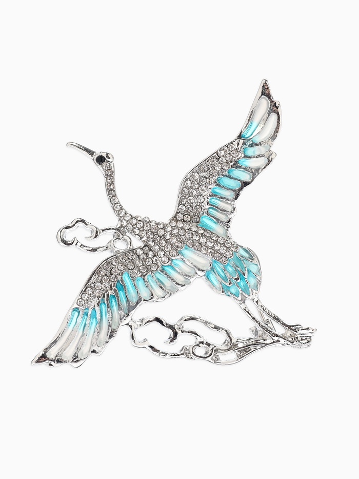 Брошь «Аист в облаках», белая, голубая в серебре