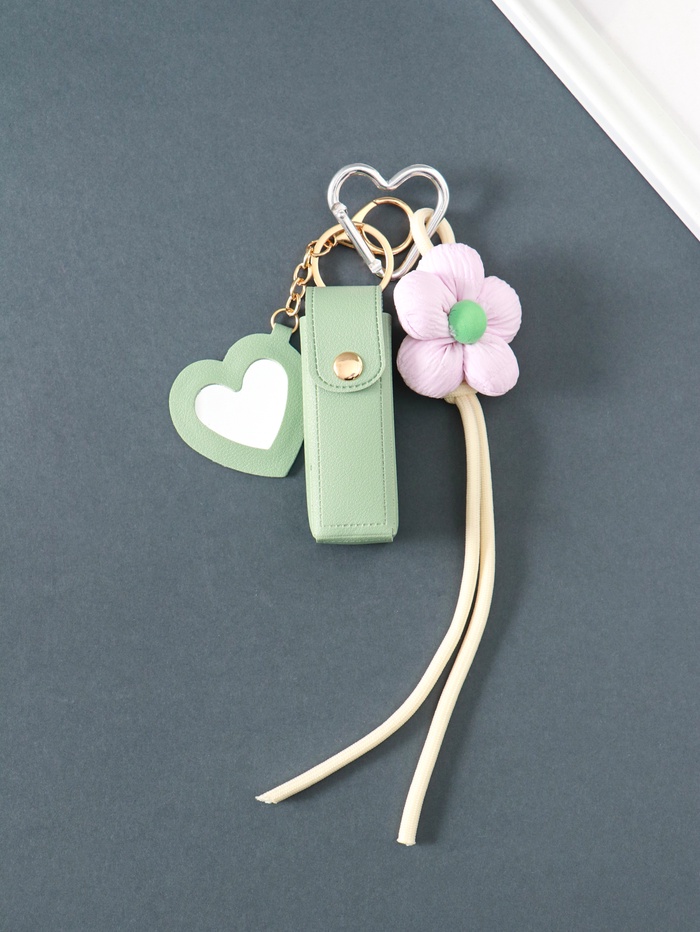 Брелок для ключей на кольце с карабином, с зеркалом «Для помады. Цветок», на рюкзак, сумку, кожзам, мятный, 20×3×3.5 см - Фото 1