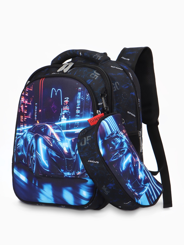 Рюкзак школьный для мальчика «Гонка», с эргономичной спинкой, с пеналом, 28×16×36 см, чёрный - Фото 1