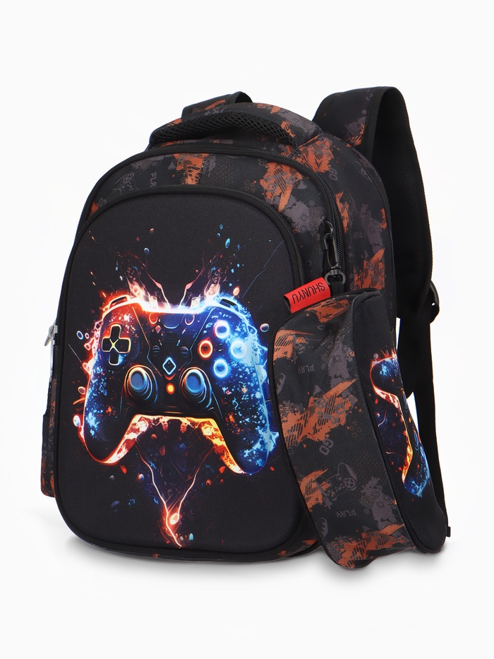 Рюкзак школьный GAME, для мальчика, с эргономичной спинкой, с пеналом, 28×16×36 см, чёрный - Фото 1