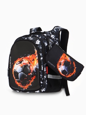 Рюкзак школьный для мальчика «Футбол», с пеналом, эргономичная спинка, 29×13×38 см, чёрный