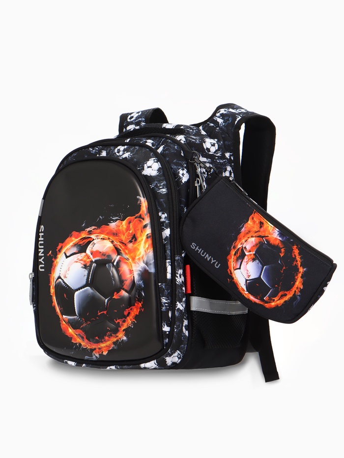 Рюкзак школьный для мальчика «Футбол», с пеналом, эргономичная спинка, 29×13×38 см, чёрный - Фото 1