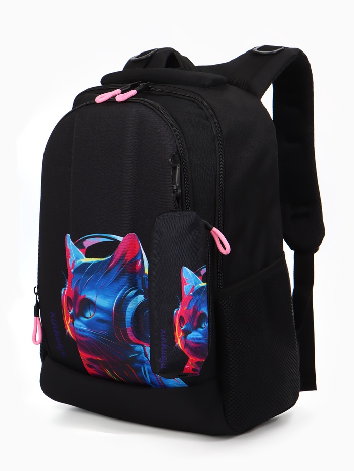 Рюкзак школьный для девочки «Котик», с пеналом, эргономичная спинка, 32×17×41 см, чёрный - Фото 1