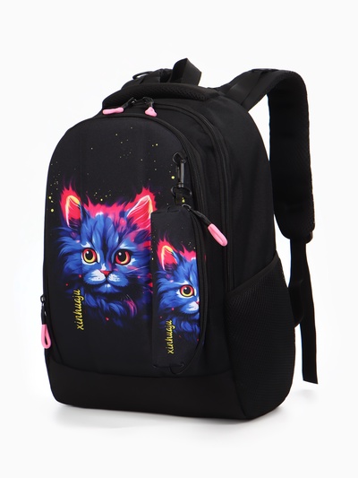 Рюкзак школьный «Котик», эргономичная спинка, с пеналом, 32×17×41 см, чёрный