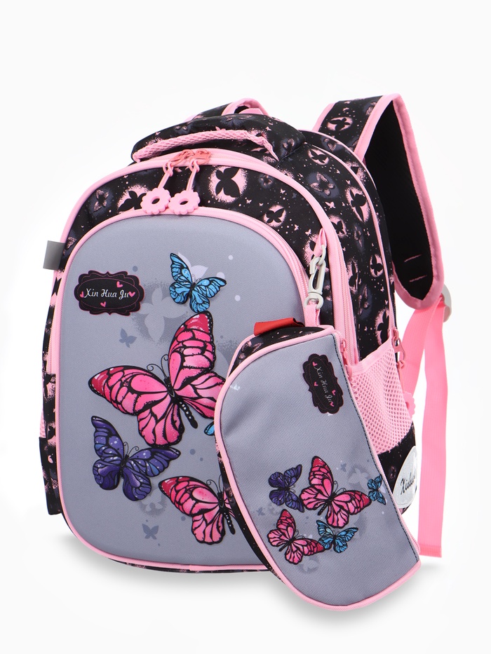 Рюкзак школьный «Бабочки», эргономичная спинка, с пеналом, 28×18×36 см, чёрный, розовый - Фото 1