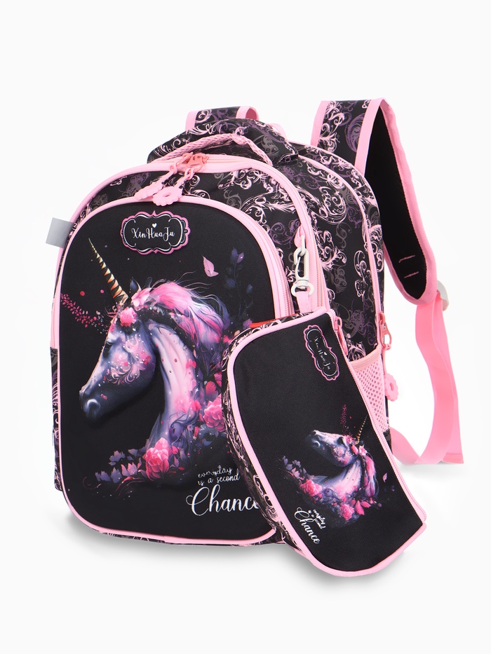 Рюкзак школьный для девочки «Единорог», эргономичная спинка, с пеналом, чёрный - Фото 1