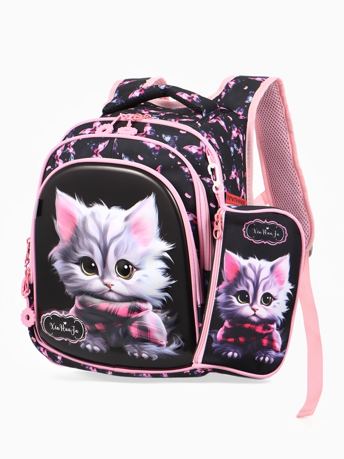 Рюкзак школьный «Кошечка», для девочки, с пеналом, эргономичная спинка, 29×14×38 см, чёрный, розовый - Фото 1