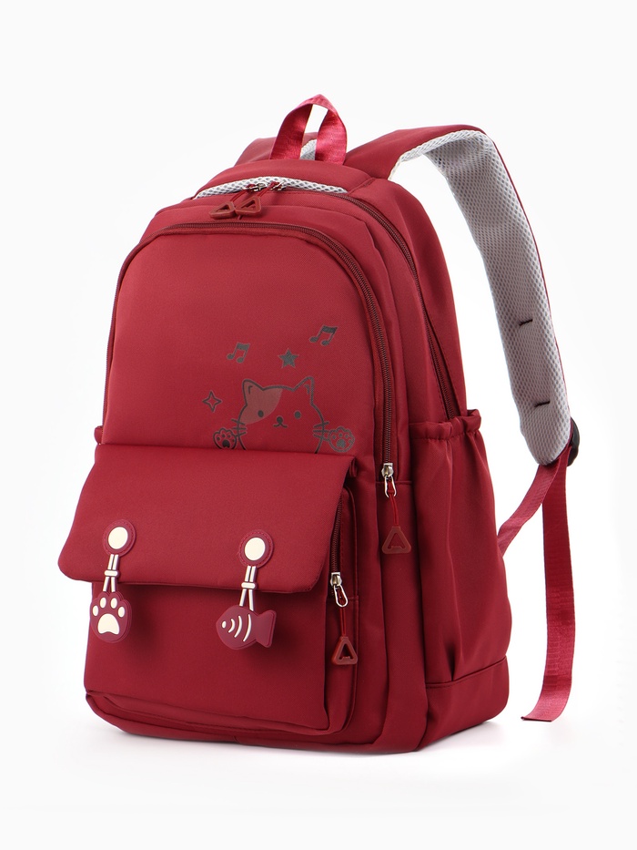 Рюкзак школьный «Котик», 3 кармана, 2 отделения, 29×14×44 см, бордовый - Фото 1