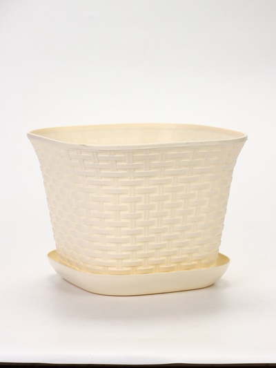 Кашпо квадратное «Ротанг» 9,1л с поддоном, цвет слоновая кость