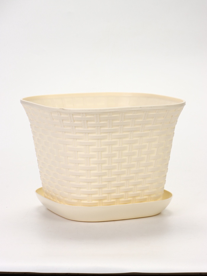 Кашпо квадратное «Ротанг» 9,1л с поддоном, цвет слоновая кость - Фото 1
