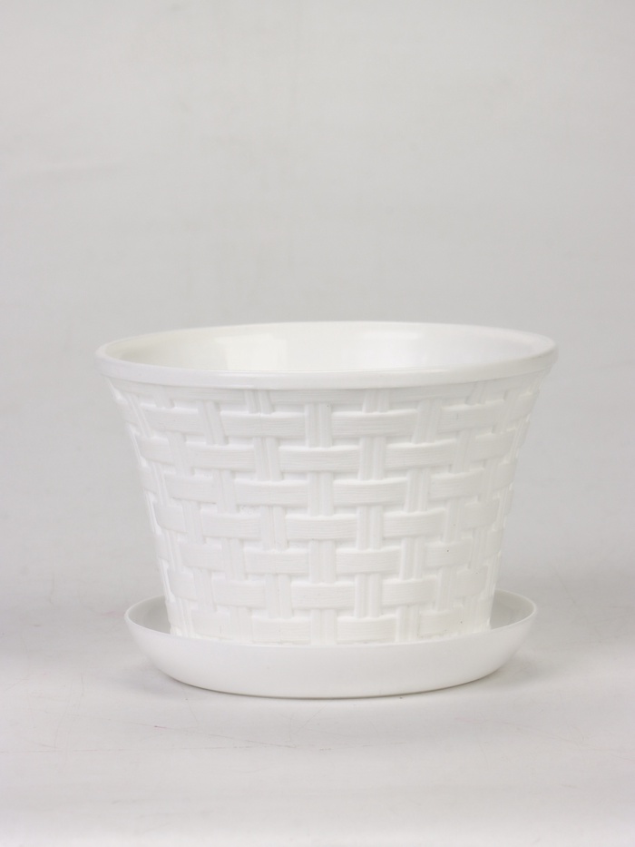 Кашпо круглое «Ротанг» 1,1л с поддоном, цвет белый - Фото 1