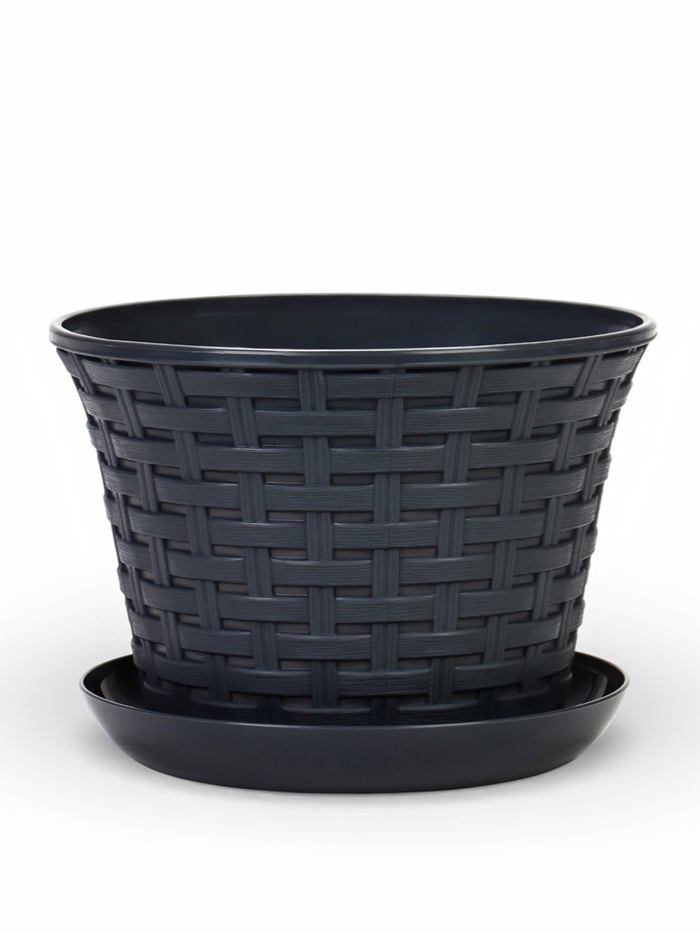 Кашпо для цветов «Ротанг», 2.1 л, d=18 см, h=13.2 см, пластиковое, с поддоном, серое - Фото 1