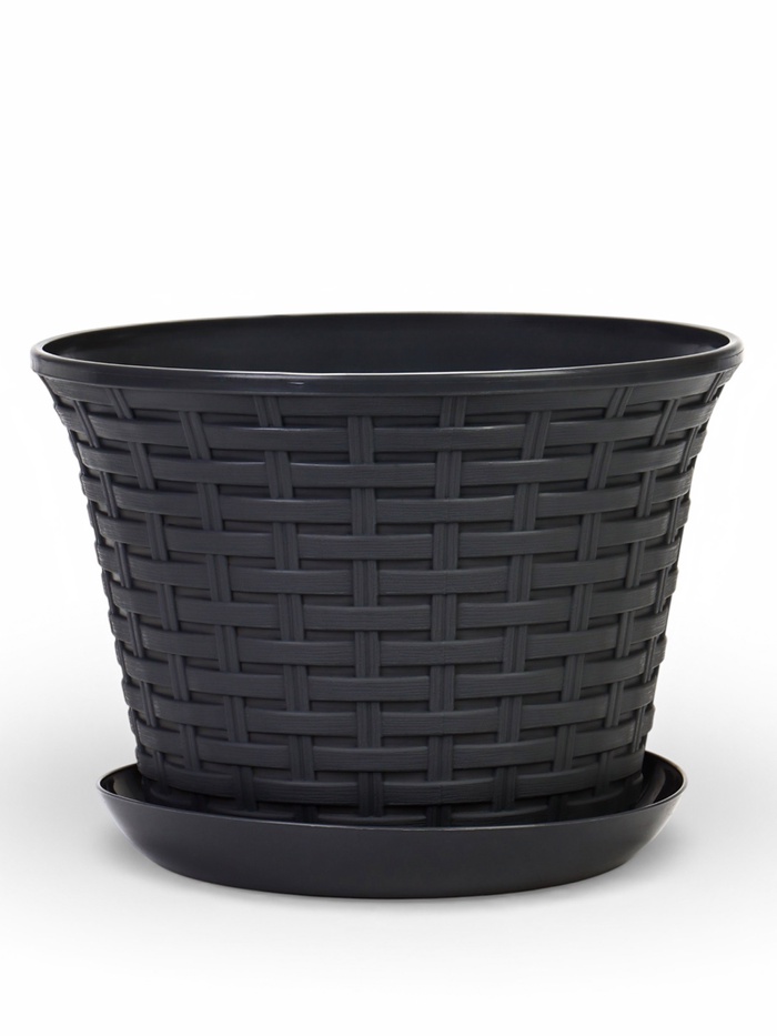 Кашпо для цветов «Ротанг», 4 л, d=22.2 см, h=16.6 см, пластиковое, с поддоном, серое - Фото 1