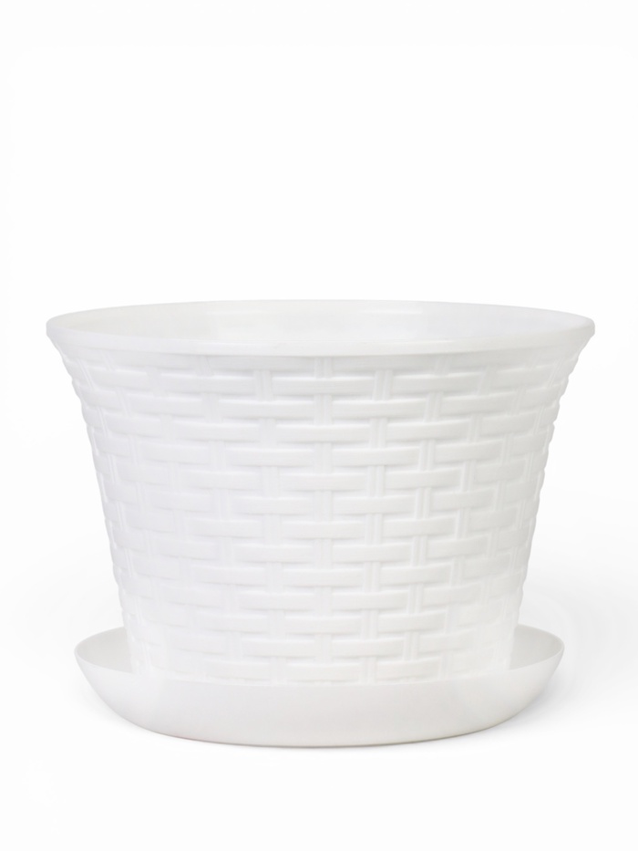 Кашпо для цветов «Ротанг», 6.1 л, d=25.5 см, h=18.9 см, пластиковое, с поддоном, белое - Фото 1