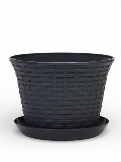 Кашпо для цветов «Ротанг», 6.1 л, d=25.5 см, h=18.9 см, пластиковое, с поддоном, серое